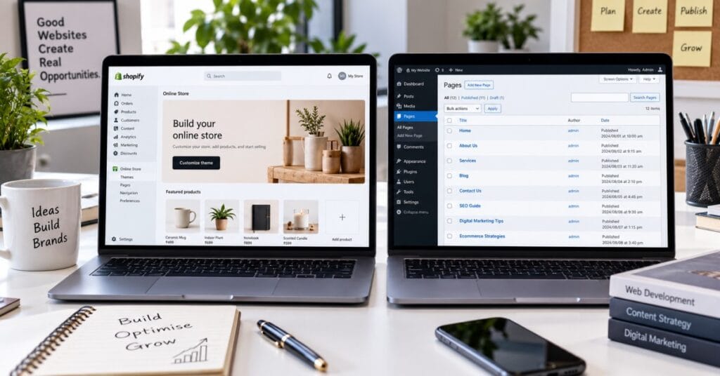 Two laptops side by side comparing the Shopify store builder and WordPress website dashboard