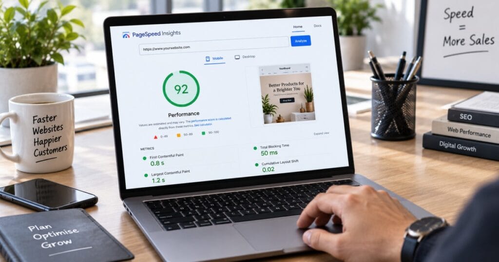 Website speed test dashboard comparing page load times for Shopify and WordPress stores