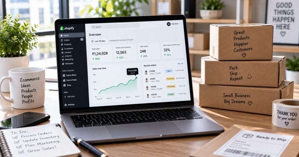 Online store sales dashboard showing revenue growth and orders on Shopify and WordPress