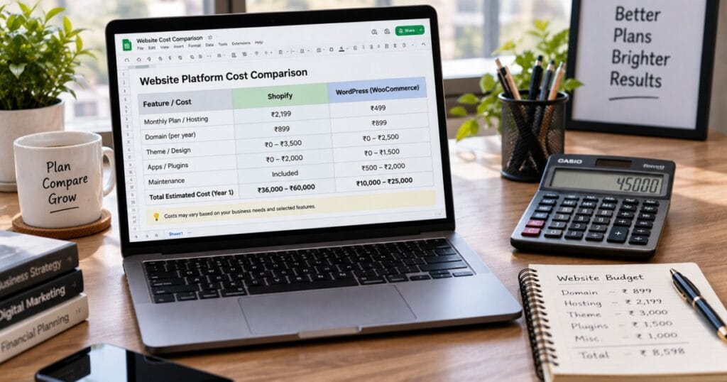 Laptop showing a pricing spreadsheet comparing Shopify and WordPress costs and maintenance