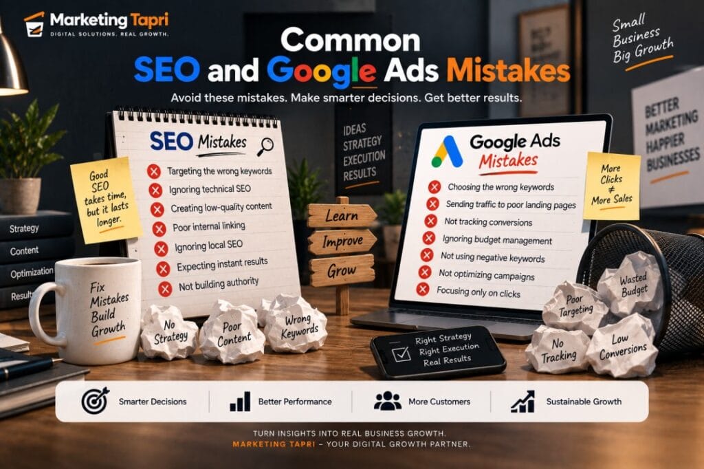 Common SEO and Google Ads mistakes shown through a professional marketing workspace, including wrong keywords, poor content, weak landing pages, wasted budget, and low conversions