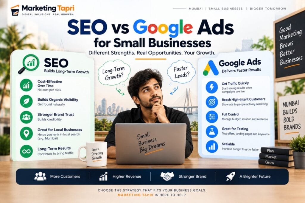 SEO vs Google Ads for small businesses showing long-term organic growth versus faster paid traffic and lead generation