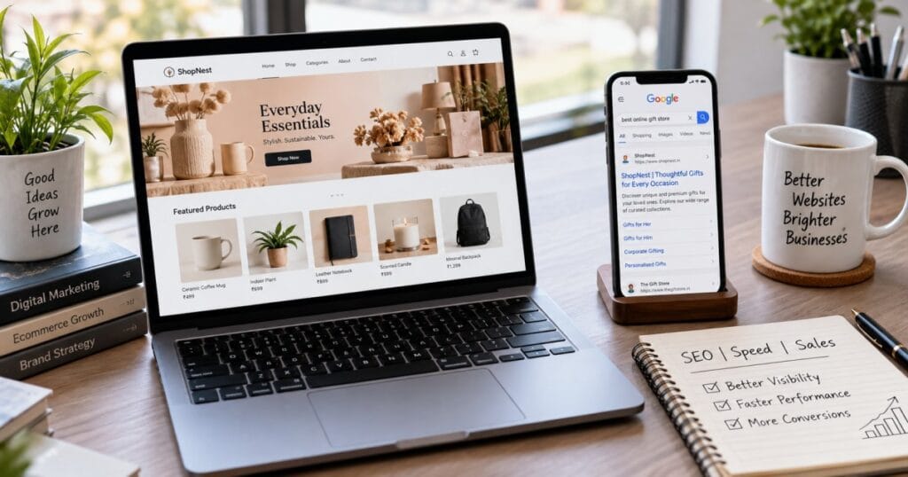 Laptop and smartphone displaying website analytics comparing Shopify and WordPress for SEO, speed, and sales
