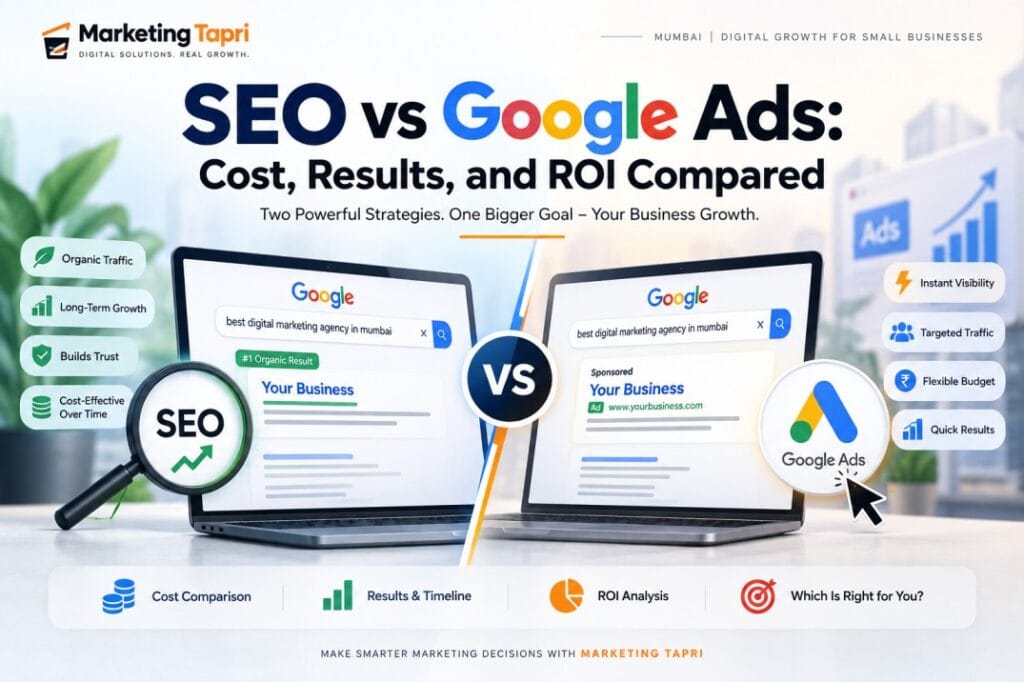 SEO vs Google Ads comparison showing cost, results, speed, and ROI for small businesses - 1